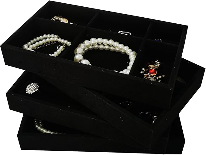 Stackable Jewelry Trays Velvet Drawer Organizer Inserts Tray Jewelry Storage Display Case for Rings,Stud Necklaces,Earrings (Black)