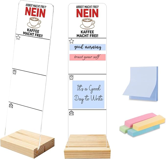 Sticky Note Holder, Acrylic Monitor Memo Board Desk Organizer, Post It Note Holder with Wooden Base, Comes with 200 Sheets Assorted Size Self Stick Notes for Office Desktop Workspace