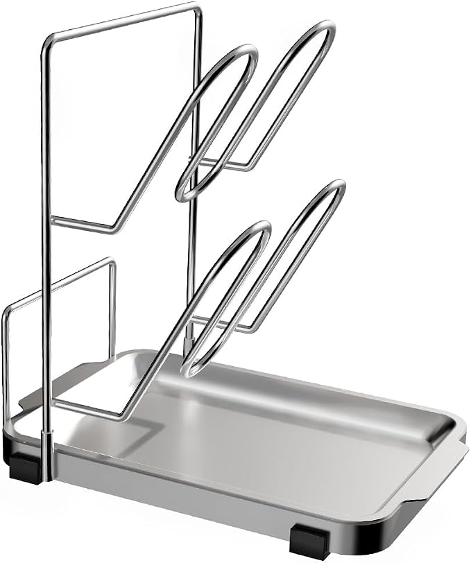 YQh Pot Lid Holder, Two-Compartment Stainless Steel Cooking Rack, Spoon Rest with Lid Holder, Spatula Holder for Counter, Stove Top Shelf Spoon and Lid Rest, Pot Lid Organizer