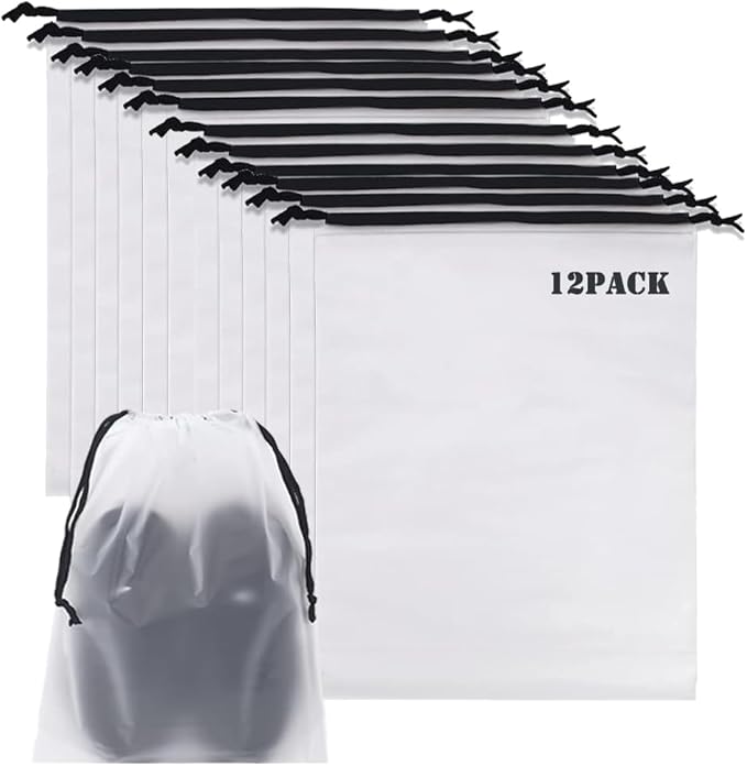 YMCCOOL 12pcs Transparent Shoe Bags for Travel 11.8in X 15.7in Protable Clear shoe bags for storage with rope,large drawstring bags for travel Men and Women