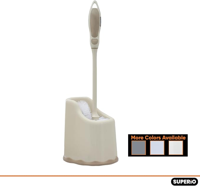 Superio Toilet Bowl Brush and Holder with Under Rim Cleaner for Bathroom, Toilet Brush and Caddy with Non Scratch Bristles and Under Rim Lip Brush, Beige (2 Pack)