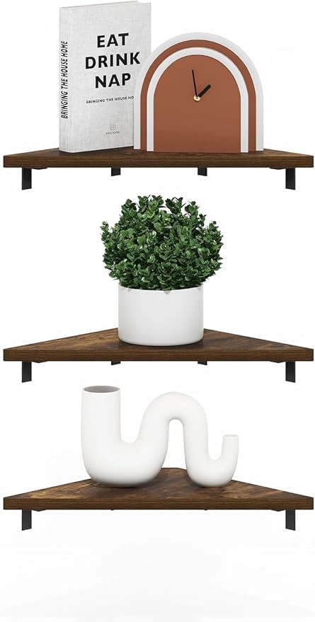 Furinno Rossi Triangle Corner Floating Shelves, Wall Mount Display Shelf, Amber Pine, Set of 3 (Pack of 2)