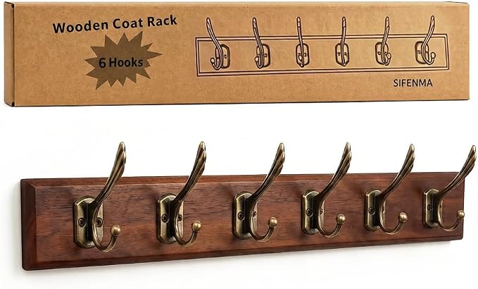 Wall Mounted Coat Rack with Solid Wood, 6 Bronze Metal Hooks – 23.22 Inch Rustic Brown Entryway Organizer for Hanging Coats, Hats, Jackets, Scarves, Bags, for Hallway, Bedroom, Bathroom（6Hooks）