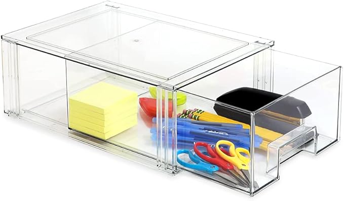 Isaac Jacobs Stackable Organizer Drawer Set (1 Medium, 1 Large), Clear Plastic Storage Boxes, Pull-Out Bins, Home, Office, Closet, Shoes, BPA-Free, Food/Fridge/Freezer Safe (1 Medium, 1 Large)