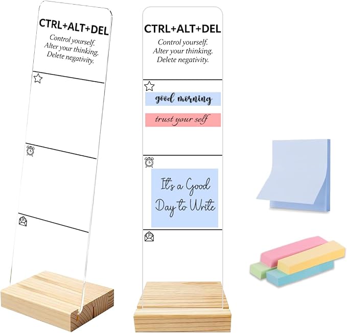 Sticky Note Holder, Monitor Memo Board, Sticky Note Board for Desk, Acrylic Desk Buddy with Wooden Base, Includes 200 Notes, Inspirational “Control Yourself Alter Your Thinking Delete Negativity”