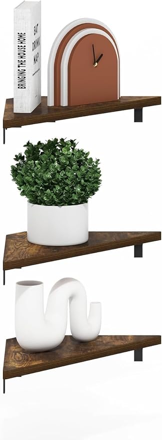 Furinno Rossi Triangle Corner Floating Shelves, Wall Mount Display Shelf, Amber Pine, Set of 3 (Pack of 2)