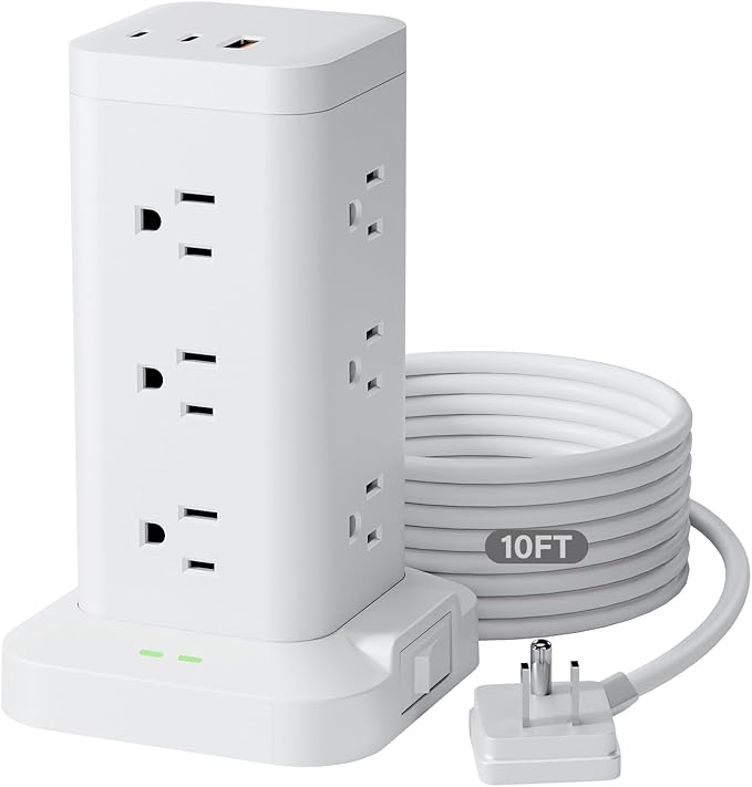 Power Strip Tower with Surge Protector 1800J, Fast Charging Tower PD20W USB-C Ports with 12 AC Outlets, Extension Cord for Home Office Dorm Room, 9.8ft, White