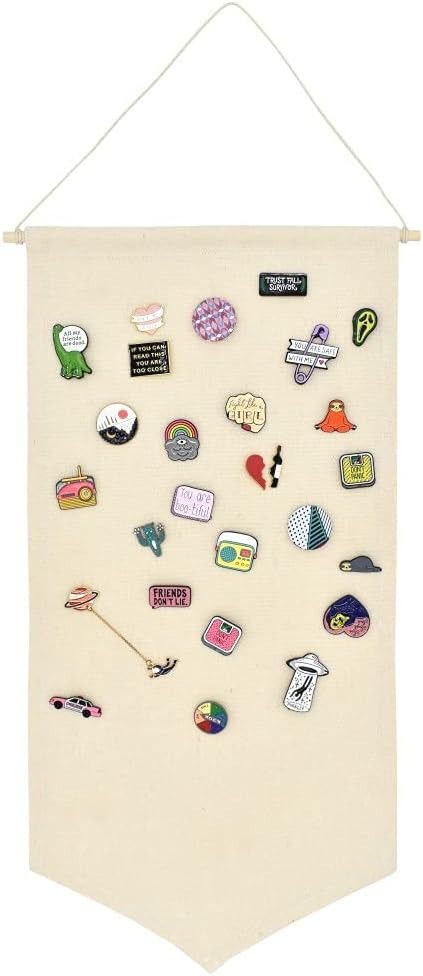 Winmany Wall Hanging Brooch Jewelry Storage Case Canvas Display Stand Enamel Pin Display Banner Holder Earrings Necklace Glitter Pin Collection Organizer (White)