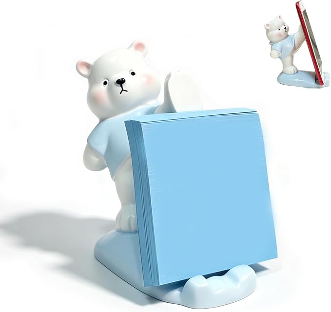 Blue White Bear Pop-Up Sticky Note Dispenser 2-in-1 Phone Stand with 3x3 Notes