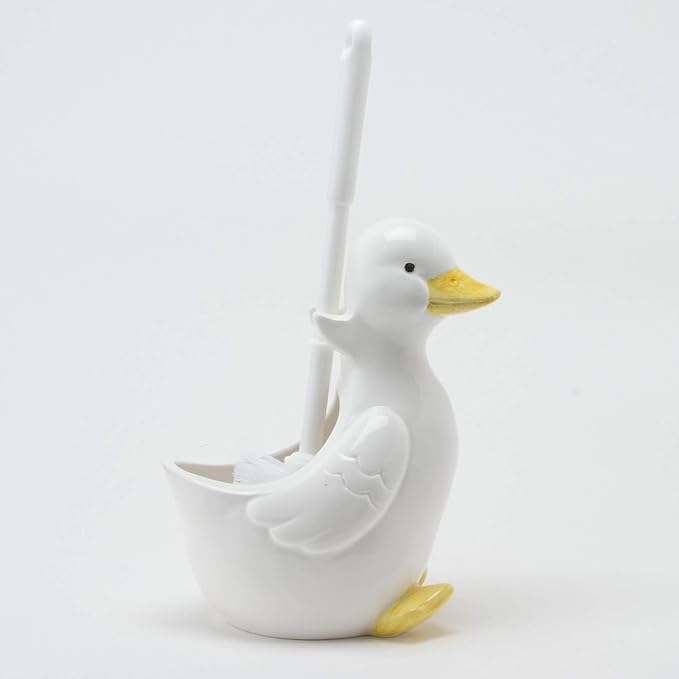 Sunart SAN812 Cute Miscellaneous Goods Lovely Pottery Duck Toilet Brush Stand with Toilet Brush Width 4.9 inches (12.5 cm), White