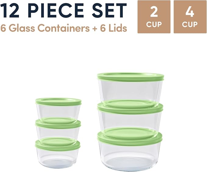 12-Piece Glass Food Storage Containers Set (6 Containers + 6 BPA-Free Lids) | 2-Cup & 4-Cup, Leakproof | Microwave, Freezer, Oven & Dishwasher Safe | Ideal for Meal Prep & Pantry Organization, green