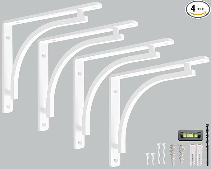 Classic White Heavy Duty Shelf Brackets 8 inch by Balin Designs – L Bracket, Wall Mounted Support, Shelving Metal Bracket, Decorative Shelf Brackets, with Hardware Included, Set of 4