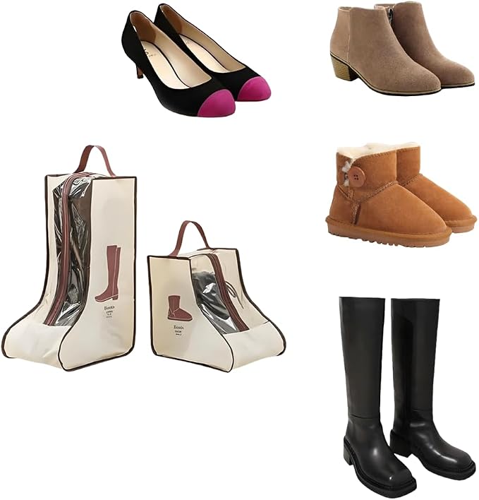 Rikyo 2 Set Beige Shoe Storage,Portable Tall Boots Storage&Protector Bag | Protector Bag,Shoe Dust Bags,Shoe Sleeves for Travel,Clear Window Boots Cover,Shoes Packing Organizers for Adult Sneakers