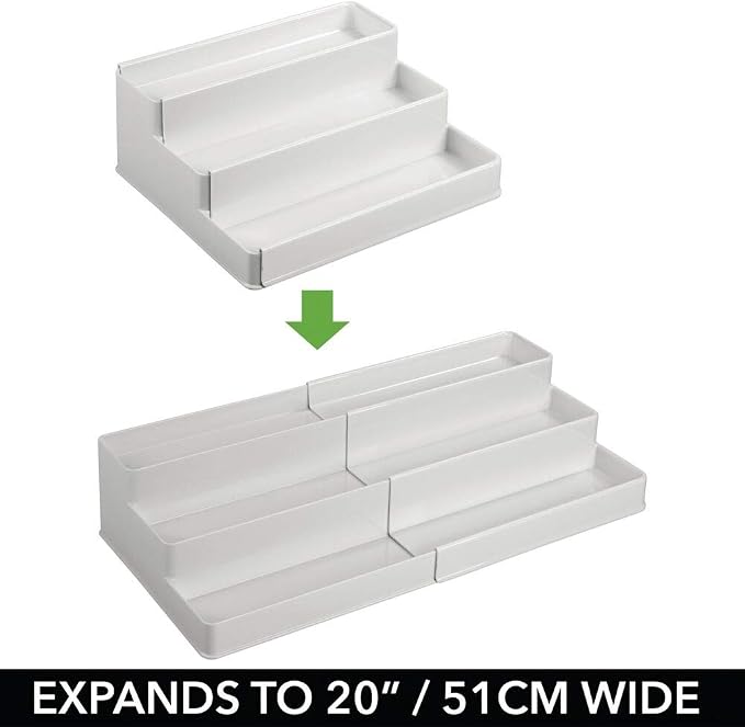 mDesign Plastic Expandable 3-Tier Shelf Rack Organizer - Storage for Bathroom Vanity, Cabinet, Cupboard, Drawer - Holds Medicine, Vitamins, Supplements, Cosmetics - Ligne Collection - Light Gray