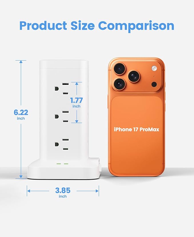 Power Strip Tower with Surge Protector 1800J, Fast Charging Tower PD20W USB-C Ports with 12 AC Outlets, Extension Cord for Home Office Dorm Room, 6ft, White