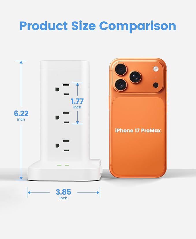 Power Strip Tower with Surge Protector 1800J, Fast Charging Tower PD20W USB-C Ports with 12 AC Outlets, Extension Cord for Home Office Dorm Room, 10ft, White