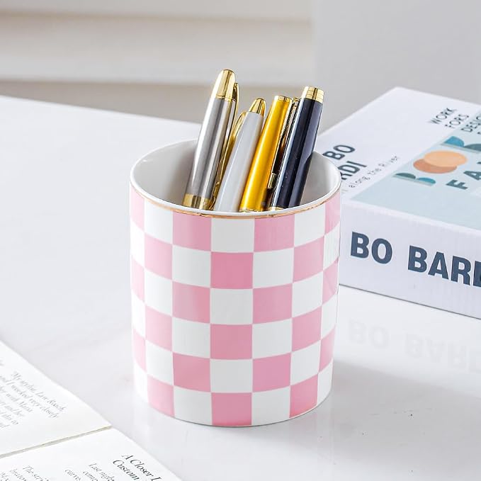 Ceramic Checkered Pen Holder For Desk Cute Stand Gold Line Pencil Cup Pot Desk Organizer Makeup Brush Holder for Girls,Women (Pink-white)