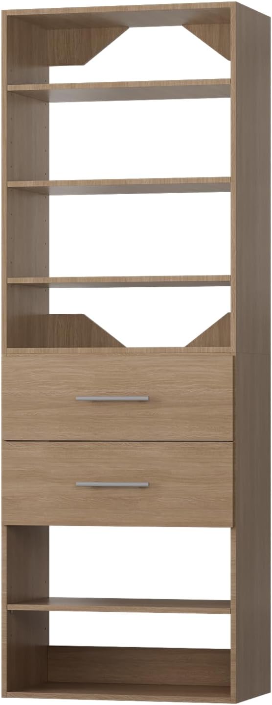 ROOMTEC Modular Closet System, 19.5" 2 Drawer Shelf Closet Tower Wall-Mounted Closet Organizer, Wooden Tower for Walk-In Closets, Wardrobe Storage Kit, Wood