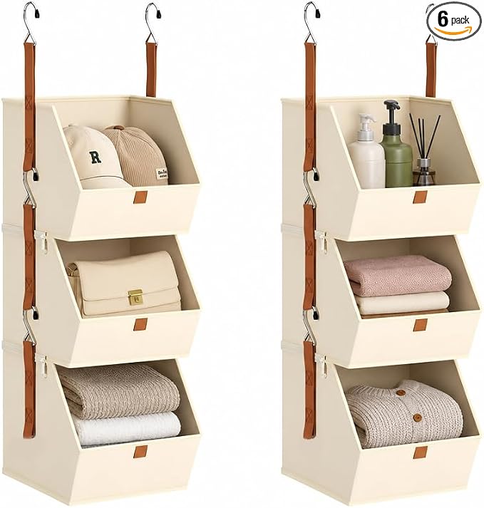 Hanging Closet Organizer 3 Tier - Hanging Shelves for Closet, Fabric Closet Organizers and Storage, Space-Saving Clothes Organizer System, Collapsible Bins for Home, Bedroom, Dorm, RV (6 Pack)