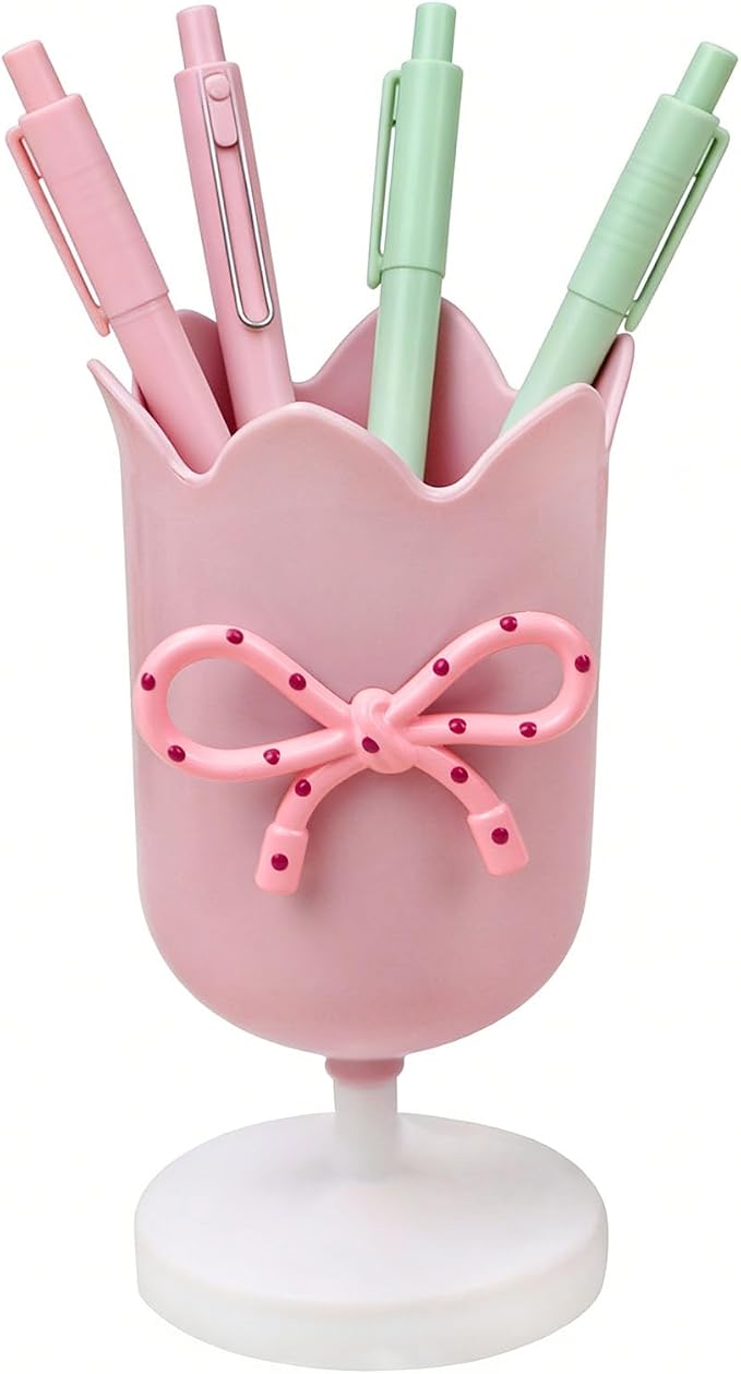 Tulip Pen Holder for Desk Cute Plastic Pencil Organizer Makeup Brush Cup Holders with Adhesive Bow, Teachers Gifts Back To School Office Accessories (Pink)