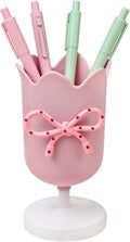 Tulip Pen Holder for Desk Cute Plastic Pencil Organizer Makeup Brush Cup Holders with Adhesive Bow, Teachers Gifts Back To School Office Accessories (Pink)
