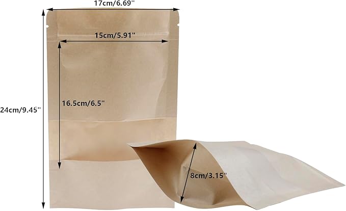Kraft Paper Zipper Pouches,ULIFESTAR Kraft Stand Up Zip Lock Pouch Bags,100PCS Resealable Bag with Transparent Window and Tear Notch Resealable Bag for Small Business HomeUse,6.7"*9.5"(17 * 24cm+4cm)