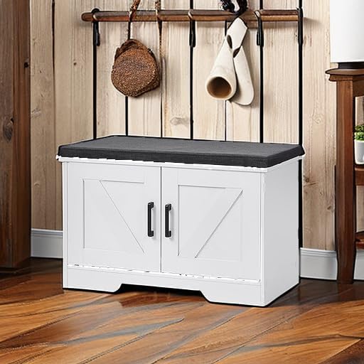 HOMSHO Farmhouse Shoe Storage Bench with 2 Barn Doors & Padded Seat Cushion | 27.6" Wide Entryway Bench with Adjustable Shelves & Hidden Storage, White
