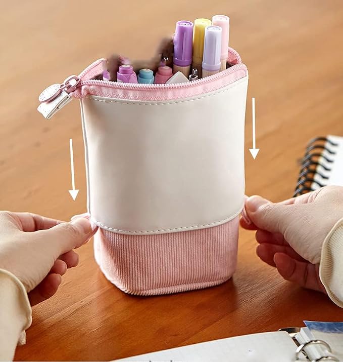 Telescopic Pencil Bag Pen Holder Stationery Case, PU Corduroy Stand-up Retractable Transformer Bag Colorful Organizer, Great for Christmas Holiday (Pink)