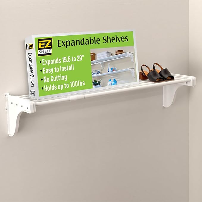 EZ Shelf-Expandable-Closet Shelf (NO Hanging Rod)- 19.5” to 29” -White-Easy Install to Backwall(Floating)-Wire Closet Shelving Alternative-(EZS-SW27-1-2)
