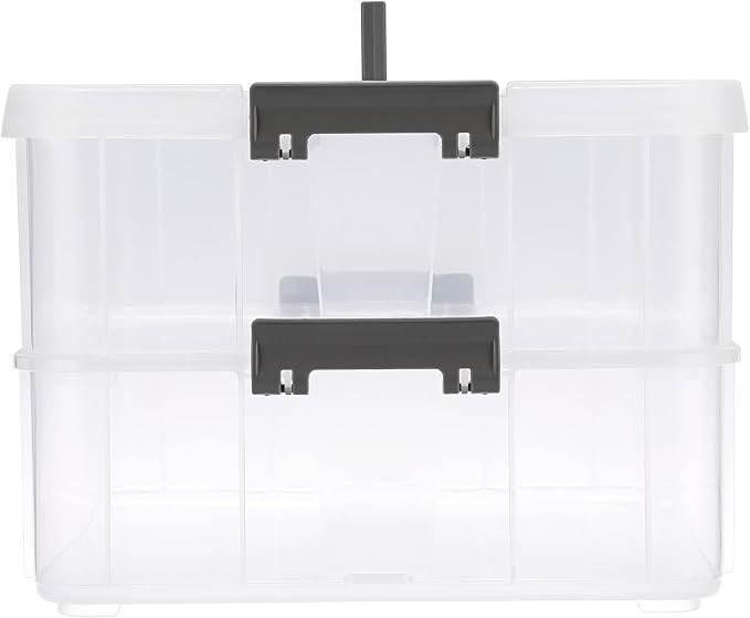 BTSKY 2 Layer Stack & Carry Box, Plastic Multipurpose Portable Storage Container Box Handled Organizer Storage Box for Organizing Stationery, Sewing, Art Craft, Jewelry and Beauty Supplies Dark Grey