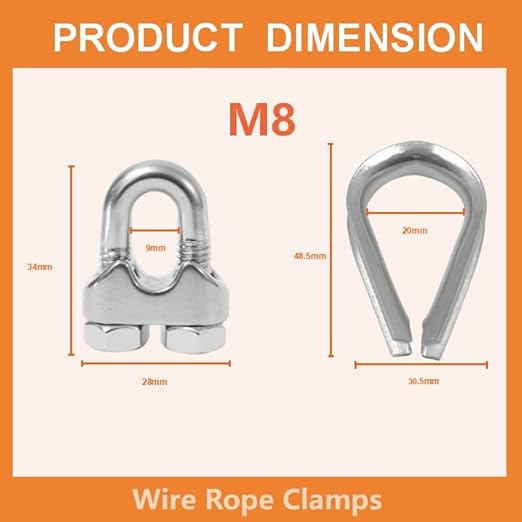 8 Pcs M8 Cable Clamps,Wire Rope Clamp,4 Pcs 5/16" Thimble | Stainless Steel Smooth Rods for Industry, Metal Working Hobbies and DIY Craft