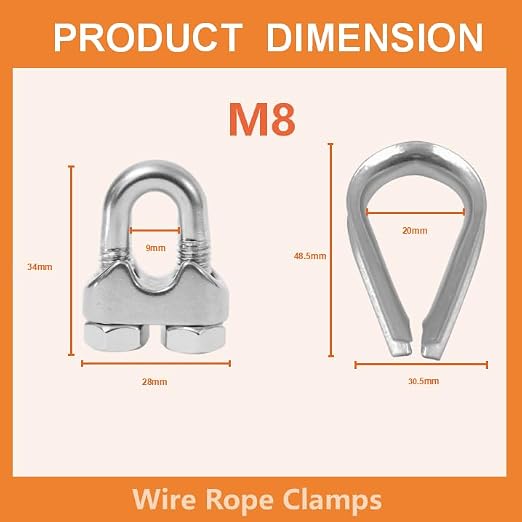 24 Pcs M8 Cable Clamps,Wire Rope Clamp,12 Pcs 5/16" Thimble | Stainless Steel Smooth Rods for Industry, Metal Working Hobbies and DIY Craft