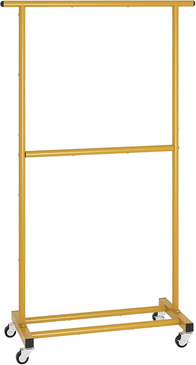 Sywhitta Double Rod Clothing Garment Rack, Rolling Clothes Organizer on Wheels for Hanging Clothes, Easy to Assemble, Adjustable, Gold
