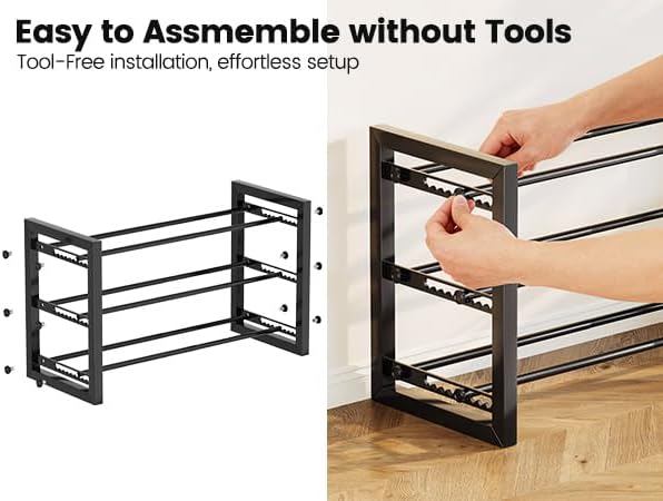 Homeiju Expandable Shoe Rack, 3 Tier Metal Shoe Shelf, Adjustable Shoe Stand for Sneakers, Boots, Heels, Heavy-Duty Steel Standing Shoe Organizer for Entryway, Closet, Bedroom, Black