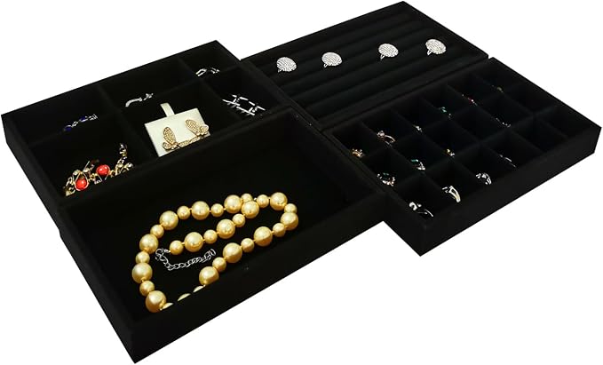 Stackable Jewelry Trays Velvet Drawer Organizer Inserts Tray Jewelry Storage Display Case for Rings,Stud Necklaces,Earrings (Black)