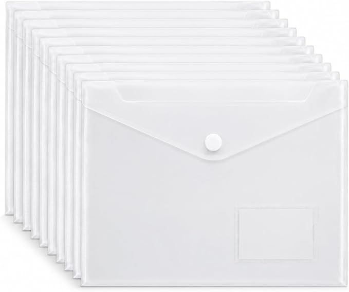 10 Pack Clear Folders for Documents Plastic Folders with Label Pockets, Waterproof Poly File Folders, Plastic Envelopes with Hook and Loop Closure, Letter Size/A4 for Teacher School Office Home