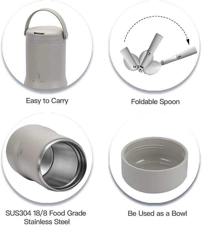 Ideus Soup Thermo with Foldable Spoon and Bowl 20oz, All-in-one Insulated Bento Lunchbox Stainless Steel Leakproof Portable Soup Container Vacuum Thermal Food Jar for Lunch Celadon