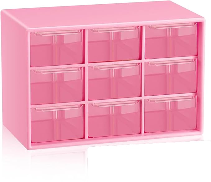 Small Drawer Organizer for Desk, 7.1" x 3. 8" x 4.6" Mini Desktop Drawer Organizer with 9 Clear Drawers, Plastic Desktop Craft Storage Box for Desk Office School Home (Pink)