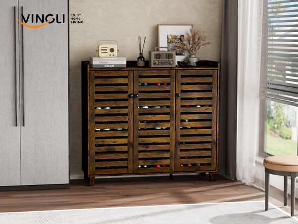 VINGLI Large Shoe Cabinet with 3 Doors 6-Tier Ultra Wide Shoe Cabinet Storage for Entryway 30 Pairs Tall Shoe Organizer Cabinet Wooden Farmhouse Shoe Rack Cabinet Rustic Brown