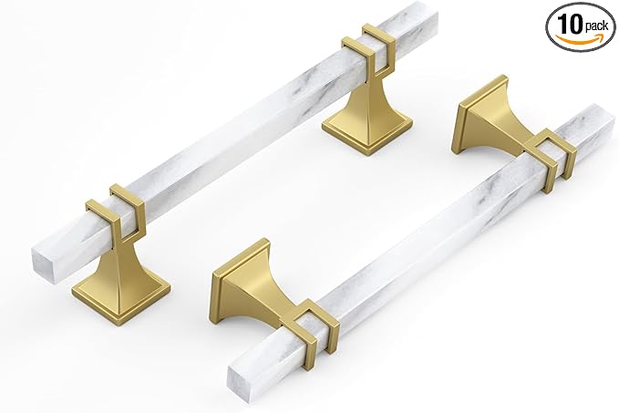 10 Pack 5 Inch White Marble Cabinet Pulls, Gold Marble Grain and Gold Handles, Kitchen Cabinet Hardware