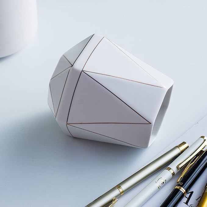 Ceramic Desk Cute Pen Holder Stand Gold Line Pencil Cup Pot Desk Organizer Makeup Brush Holder (White)