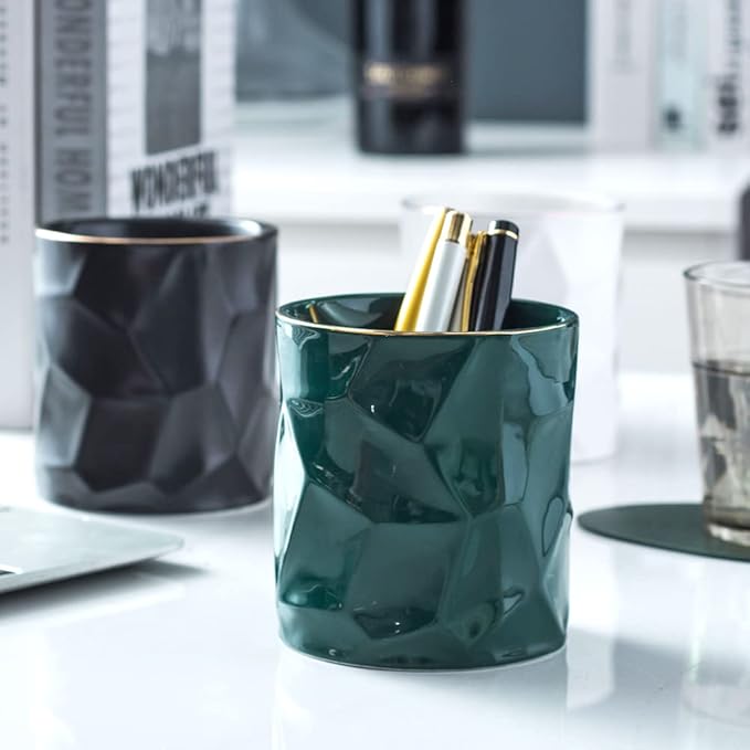 Ceramic Irregular Round Pen Holder For Desk Cute Stand Gold Line Aesthetic Pencil Cup Pot Desk Organizer for Men Women Makeup Brush Holder (Black)