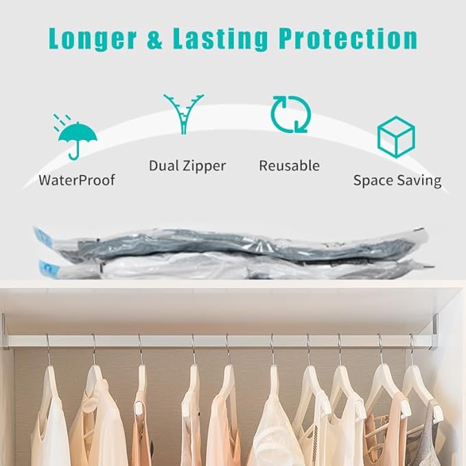 Vacuum Storage Bags, 10 Pack with Electric or Manual Pump, Space Saver Compression Bags for Clothes, Blue and White, Nylon, 4 Medium 4 Large 2 Jumbo, (E & H pump 20 Bags)