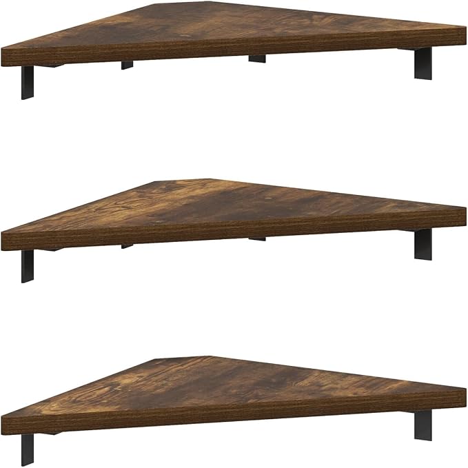 Furinno Rossi Triangle Corner Floating Shelves, Wall Mount Display Shelf, Amber Pine, Set of 3 (Pack of 2)