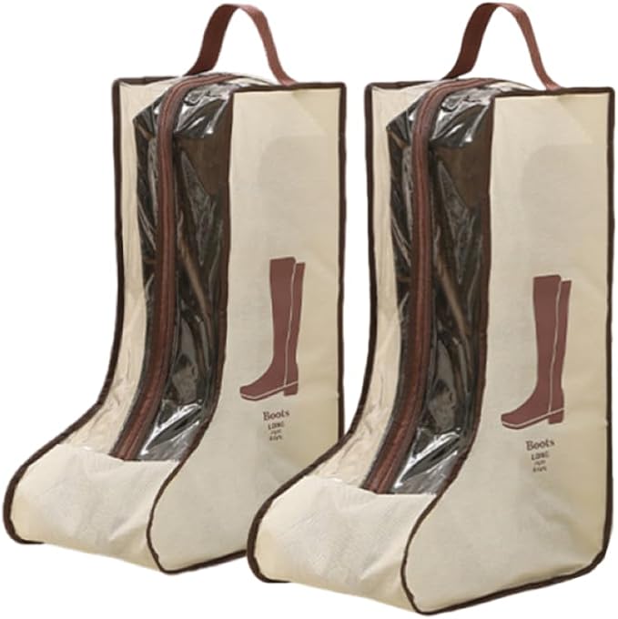 Rikyo 2 Set Beige Shoe Storage,Portable Tall Boots Storage&Protector Bag | Protector Bag,Shoe Dust Bags,Shoe Sleeves for Travel,Clear Window Boots Cover,Shoes Packing Organizers for Adult Sneakers