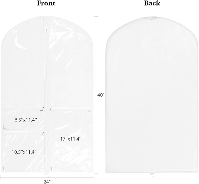 Univivi Dance Costume Bags Garment Bag 40 Inch Hanging Clothes for Dance Competitions, with 3 Medium Clear Zipper Pockets for Dance Costumes, Closet Storage (White) - 8 Pack