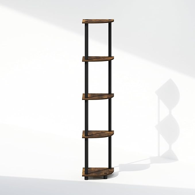 Furinno Turn-N-Tube Storage Shelves, 5-Tier Book Shelf, Corner Shelf, Toolless Open Shelves, for Organization and Storage, Living Room, Home Office, Hallway, Bedroom, Amber Pine