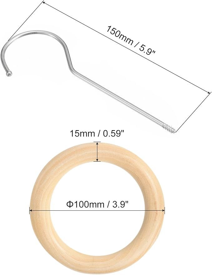 uxcell 4 Inch Scarf Ring Hanger, Scarf Organizer Holder Wooden Circle Rings Hanging Hook for Belt Tie Scarf, 15cm Length Hook (Silver)