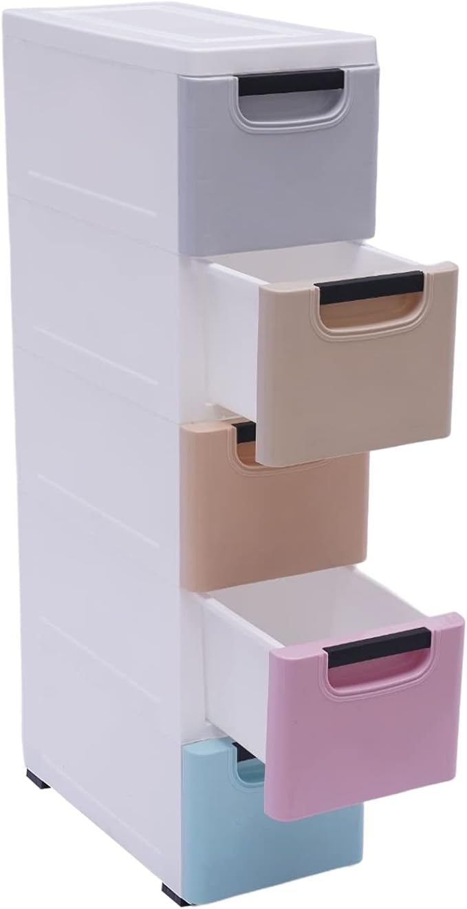 Plastic Stackable Storage Cart 5 Drawer Containers Storage Organizer Unit Mobile Stacking Bins [Multi Color A 7.9"x15.7"x33.1"]