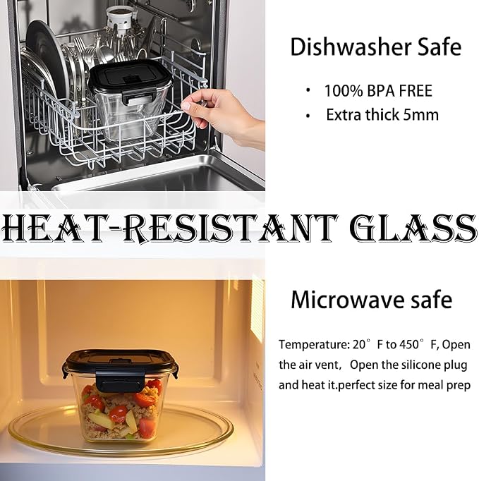 H.JSS WDJS 32oz Square Glass Food Storage Containers with Lids, 4 Cup Glass Soup Containers, Heat-Resistant BPA free Square Meal Prep Bowls for Microwave, Freezer, Dishwasher safe (4Packs)